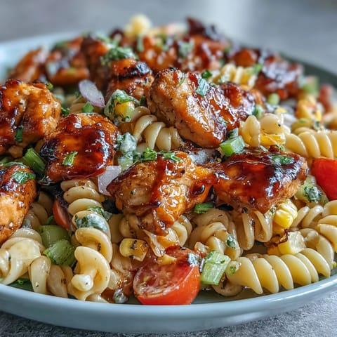 A spoon scoops into the creamy Honey BBQ Chicken Pasta Salad, revealing tender chicken cubes and crisp celery chunks.