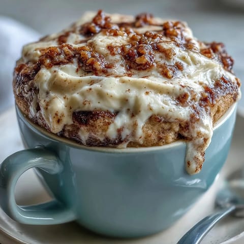 A spoon digs into the warm High-Protein Cinnamon Roll Mug Cake, revealing a soft, fluffy texture and hidden cinnamon swirl.