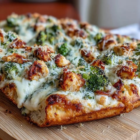 Hot Garlic Parmesan Chicken & Broccoli Pizza shows creamy white sauce, tender chicken, and a crispy thin crust.