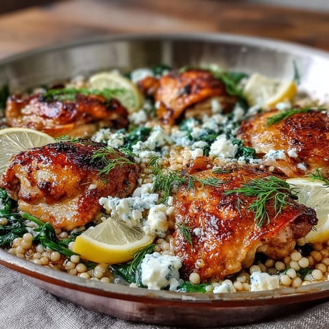 Sizzling Creamy Greek Chicken & Pearl Couscous Bake with melted feta, wilted spinach, and a creamy sauce in a Dutch oven.