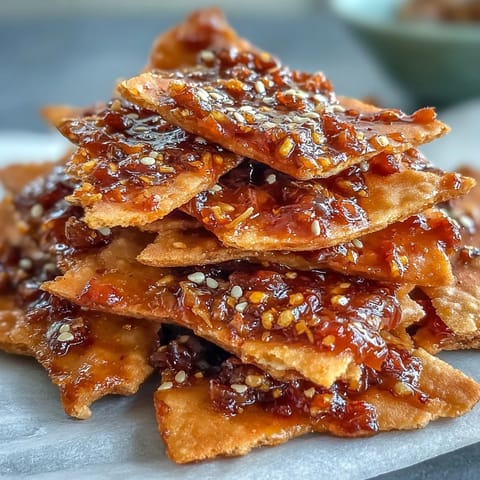 Golden-baked Spicy Chili Crisp Garlic Naan Chips are piled high next to a creamy, cool cucumber dip topped with sesame seeds.