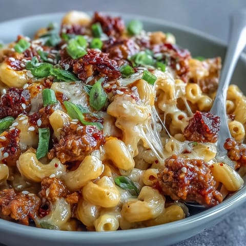 A close-up shows a generous spoonful of Korean-Style Turkey Mac & Cheese with melted cheese and vibrant garnish.
