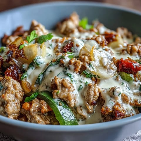 Creamy Ranch Turkey & Veggie Skillet in a skillet with melted cheddar, colorful mixed vegetables, and fresh parsley garnish.