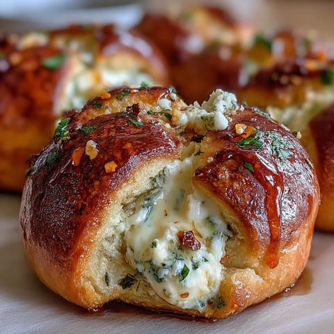 Golden-brown Hot Honey Ricotta Stuffed Garlic Knots fresh from the oven, brushed with garlic butter.