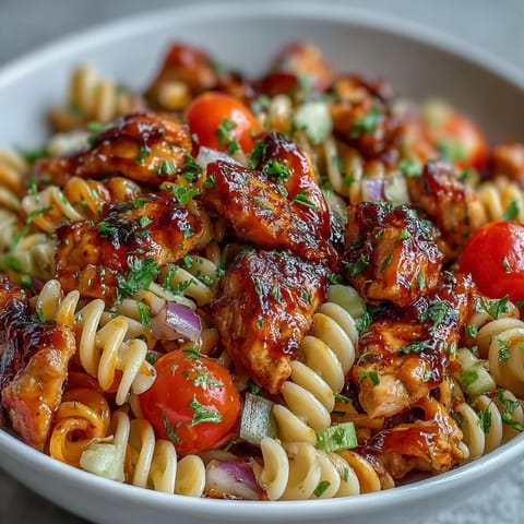 Close-up of honey BBQ chicken pasta salad featuring glazed chicken, cherry tomatoes, corn, and celery in a creamy dressing, ready for a summer potluck.