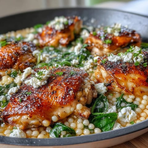 Creamy Greek Chicken & Pearl Couscous Bake with golden chicken thighs atop spinach, feta, and lemony couscous.