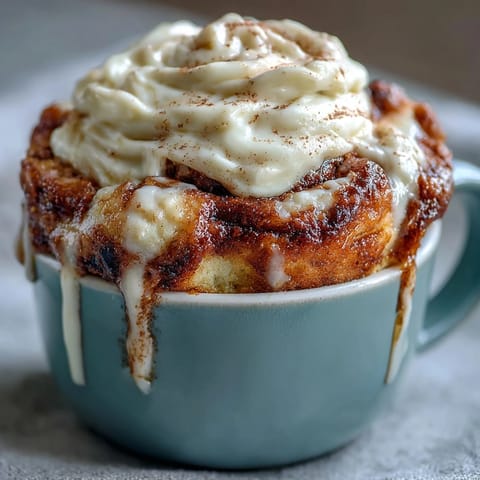 A single-serve High-Protein Cinnamon Roll Mug Cake topped with rich cream cheese frosting, ready to enjoy.