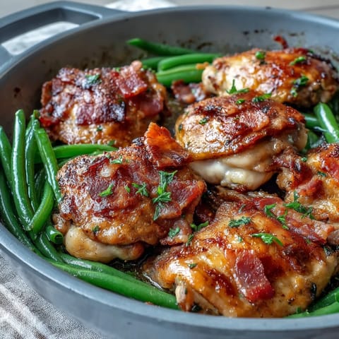 Crispy baked chicken thighs with creamy Keto Bacon Ranch Chicken Thighs with Green Beans.
