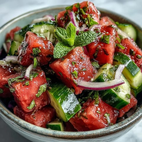 Fresh Summer Watermelon Cucumber Mint Salad served in a white bowl, garnished with mint leaves and a lime wedge on a rustic table.