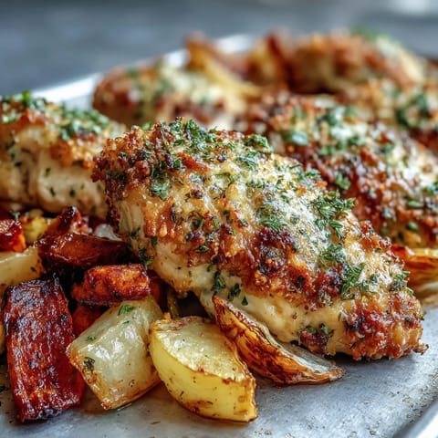 Golden-brown Sheet Pan Herb-Crusted Chicken sits beside roasted carrots and sweet potatoes.