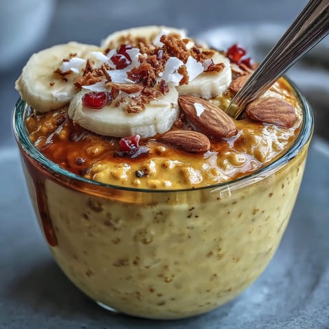 Creamy Vegan Golden Milk Overnight Oats with turmeric and ginger, topped with berries and toasted coconut flakes.