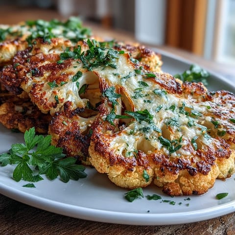 Golden Keto Garlic Parmesan Roasted Cauliflower Steaks sizzling on a baking sheet with fresh parsley garnish.