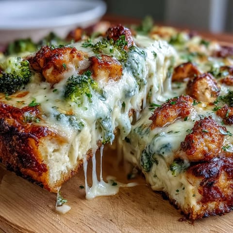 A cheesy garlic-Parmesan chicken pizza with vibrant broccoli, perfect for a satisfying homemade dinner.  