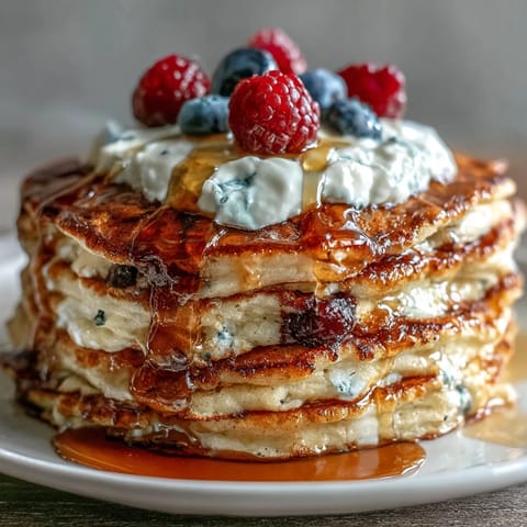 Berry Protein Pancakes with Greek Yogurt, stacked high and topped with fresh berries and a creamy yogurt drizzle, make a delicious and nutritious breakfast.