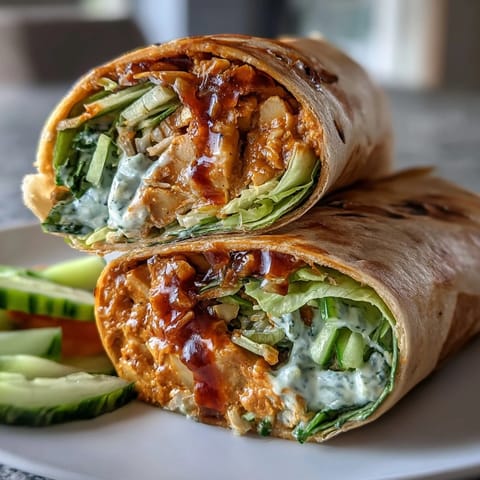 Hearty buffalo chickpea salad with crisp lettuce, cucumber, and avocado, served in a warm tortilla wrap.  