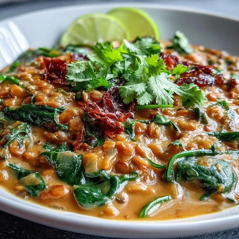 Creamy vegan one-pot coconut lentil dahl with spinach and lime, garnished with fresh cilantro and lime wedges in a rustic bowl.  
