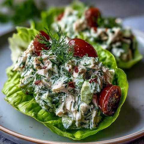 Fresh avocado herb chicken salad served in crisp lettuce cups, perfect for a light and healthy lunch.