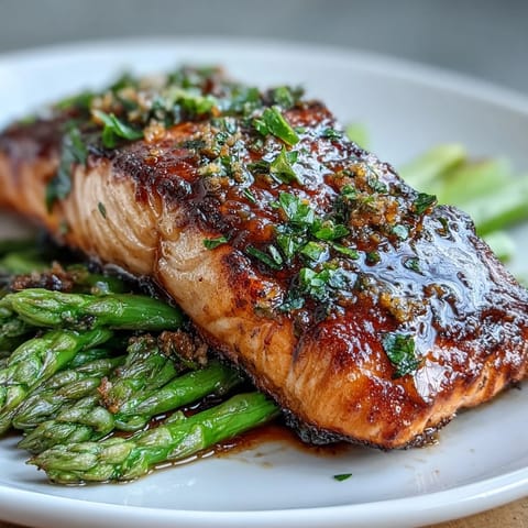 Two seared salmon fillets, skin-side up, are served alongside tender asparagus spears, their vibrant green color enhanced by a zesty lemon garlic sauce.  