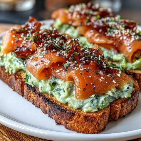 Keto avocado bread toasts topped with creamy avocado, smoked salmon, and everything bagel seasoning for a flavorful brunch.  