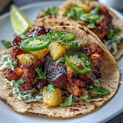 Crispy roasted cauliflower in tangy BBQ sauce, topped with vibrant pineapple salsa and creamy avocado slices in warm tortillas.  