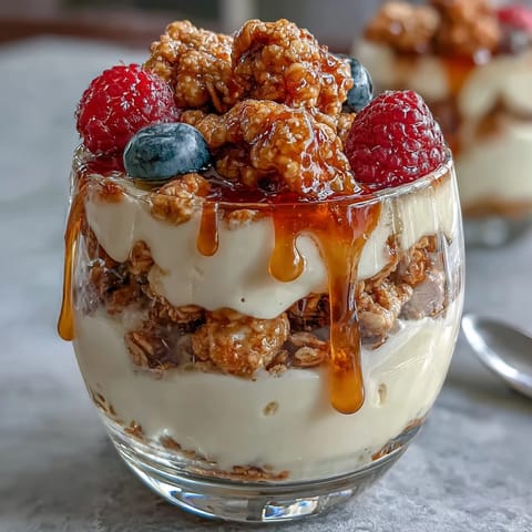 Creamy Greek yogurt layered with crunchy granola and drizzled with salted honey, topped with fresh berries for a delightful parfait.