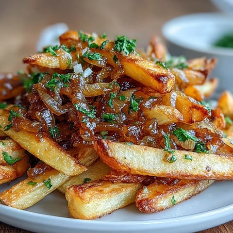 Crispy golden steak fries tossed in rich caramelized onion and garlic butter for a savory, comforting side dish.  