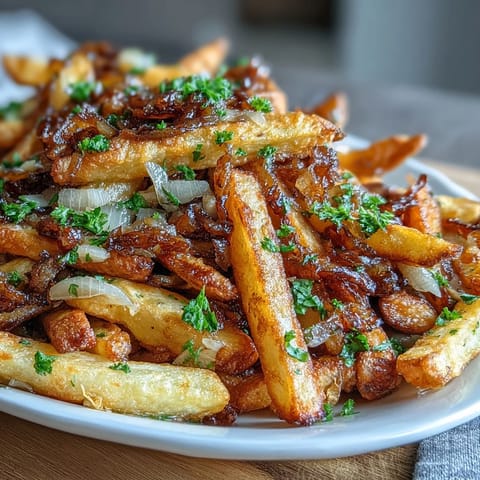 Oven-baked steak fries with golden edges, generously coated in aromatic garlic butter and sweet caramelized onions.  