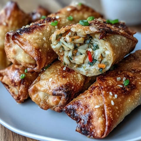 Golden-brown air fryer egg rolls filled with colorful veggies and served with a savory soy ginger dipping sauce.  