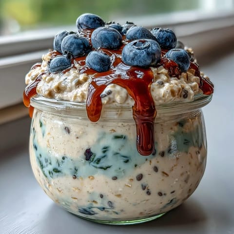 Creamy overnight oats layered with chia seeds and fresh blueberries, drizzled with honey for a wholesome breakfast jar.