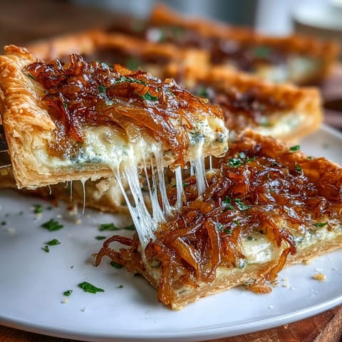 Caramelized onion and Gruyere tart with golden pastry and melted cheese, perfect for an elegant brunch centerpiece.