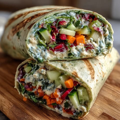 Fresh spinach tortillas filled with crisp spring vegetables and smooth hummus, offering a colorful and nutritious plant-based wrap perfect for lunch or snack.  