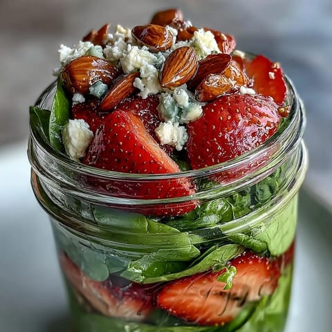 A vibrant mason jar salad with fresh strawberries, baby spinach, feta cheese, and crunchy almonds, drizzled with balsamic vinaigrette for a healthy lunch.