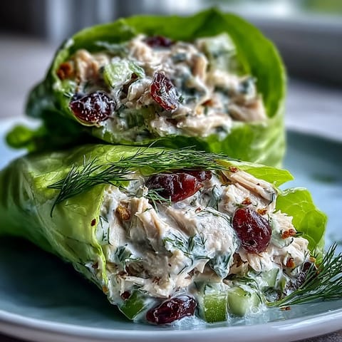 Greek Yogurt Chicken Salad Lettuce Wraps filled with crisp vegetables and fresh herbs.  