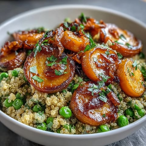 Warm quinoa bowl with roasted carrots and green peas, topped with fresh parsley and feta cheese for a nourishing, colorful meal.  