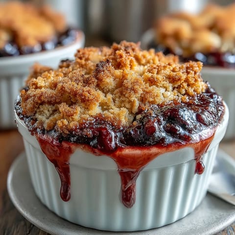 Warm berry crumble with golden oat topping, bubbling fruit filling in a ramekin, perfect for a cozy dessert.