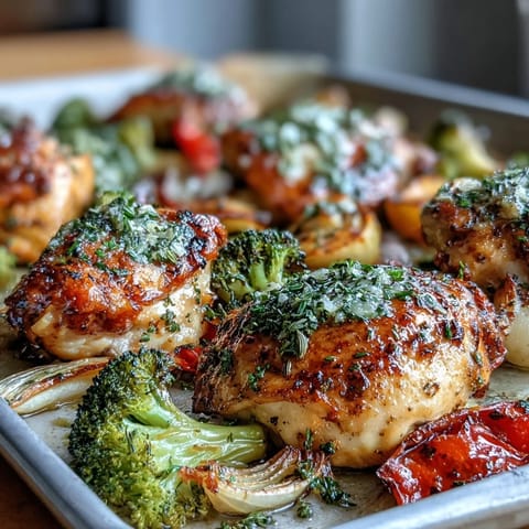 Healthy 5-Ingredient Sheet Pan Chicken and Veggies with colorful roasted vegetables and juicy chicken.  