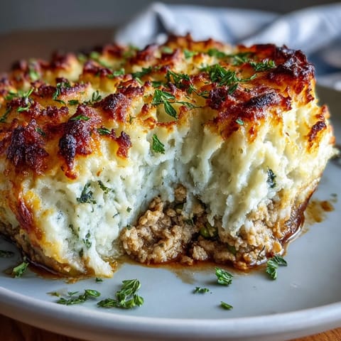 A golden-crusted turkey shepherds pie with creamy cauliflower-potato mash and savory vegetable filling.  