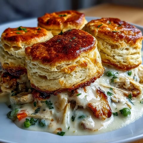 Golden biscuit-topped chicken pot pie with creamy vegetable filling, bubbling in a rustic baking dish.  