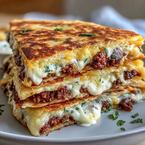 Crispy shepherds pie quesadillas filled with savory meat, veggies, and creamy mashed potatoes, pan-fried to golden perfection.