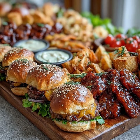 Festive BBQ Baby Shower Party Snack Board with sliders, chips, and fresh veggies on a large platter.