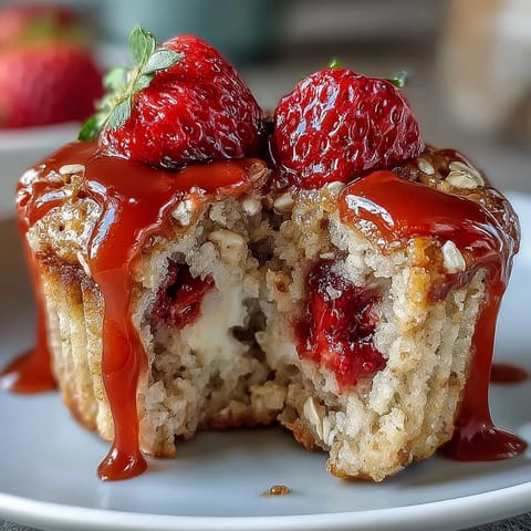 Fresh strawberry muffins baked with creamy Greek yogurt and hearty oats, golden and tender.  
