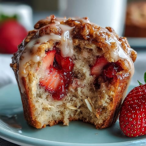 Moist muffins bursting with juicy strawberries and wholesome oats, topped with a light Greek yogurt crumb.  