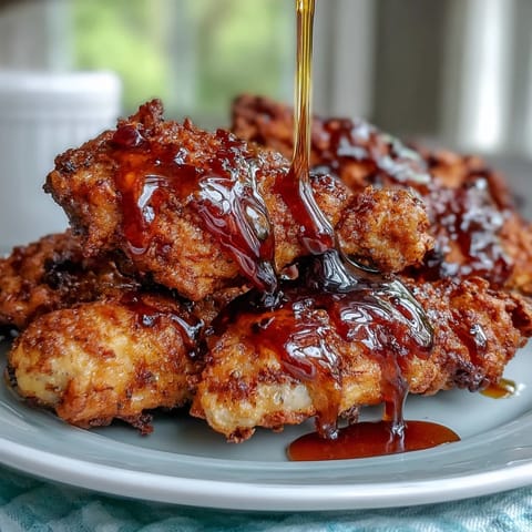 Golden oven-baked fried chicken pieces drizzled with hot honey, served with collard greens and cornbread on a rustic wooden table.