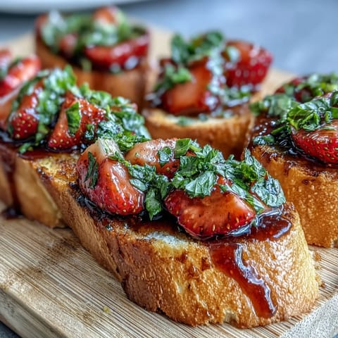 Fresh strawberry bruschetta with balsamic and mint, a colorful summer appetizer on toasted baguette slices.