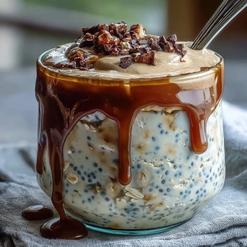 Vanilla Bean Frappuccino Overnight Oats Jar with creamy layers and coffee drizzle.
