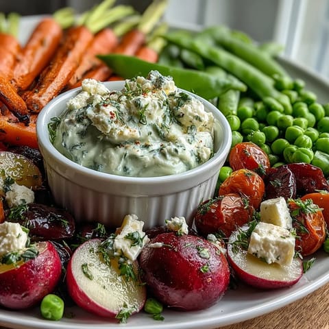 Vibrant spring vegetable board with radishes, peas, and herb dip, perfect for light appetizers or entertaining.