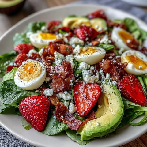 Spring Cobb Salad with Strawberries and Avocado, a colorful mix of fresh greens, ripe berries, creamy avocado, and tangy feta cheese.