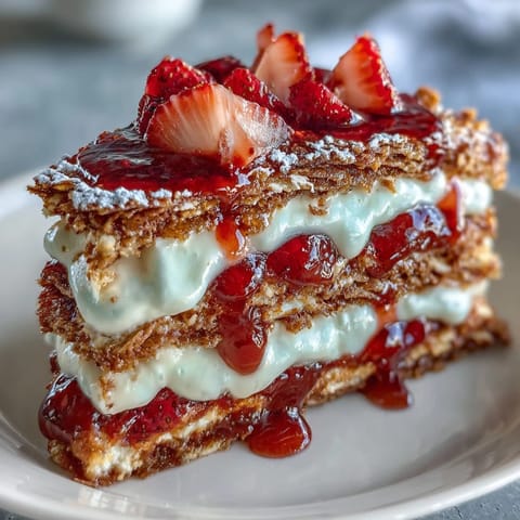 A stunning strawberry crepe cake with layers of delicate crepes, fresh strawberries, and creamy vanilla filling.
