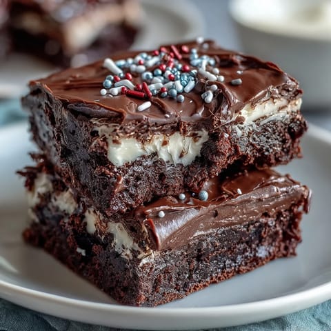4th of July Firecracker Brownie Bites with creamy frosting and red, white, and blue sprinkles, perfect for festive celebrations.