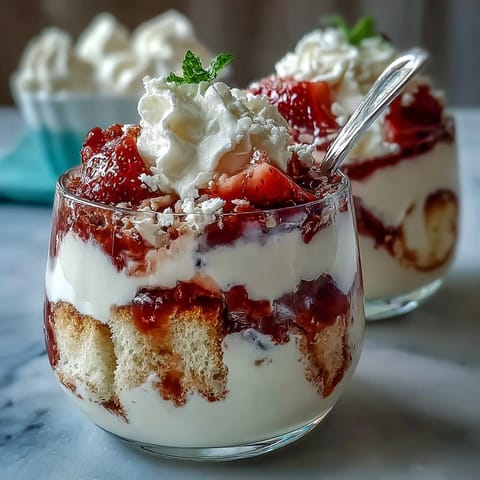 Mothers Day Strawberry Shortcake Layered Trifle with juicy strawberries and fluffy whipped cream, perfect for a festive spring celebration.